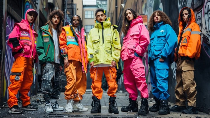 Group of people wearing colorful outfits in an urban setting