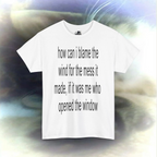 'how can I blame the wind for the mess it made, if it was me who opened the window' T-shirt